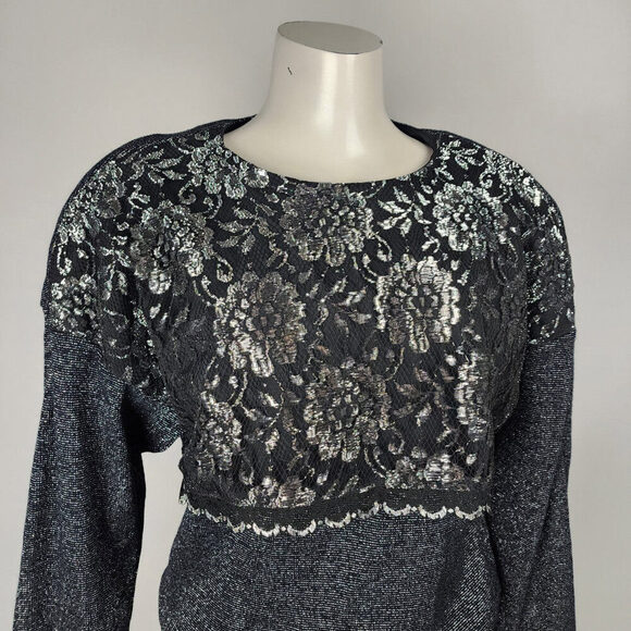 Vintage Benee By Lori Ann Black Lace Metallic Drop Waist Midi Dress Size 11/12 - Picture 3 of 12